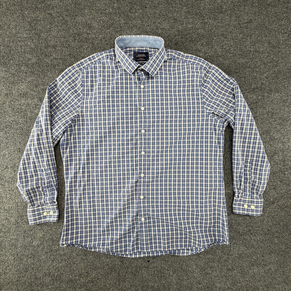 Charles Tyrwhitt Shirt Mens XL Blue Plaid Long Sleeve Button Down Slim Fit